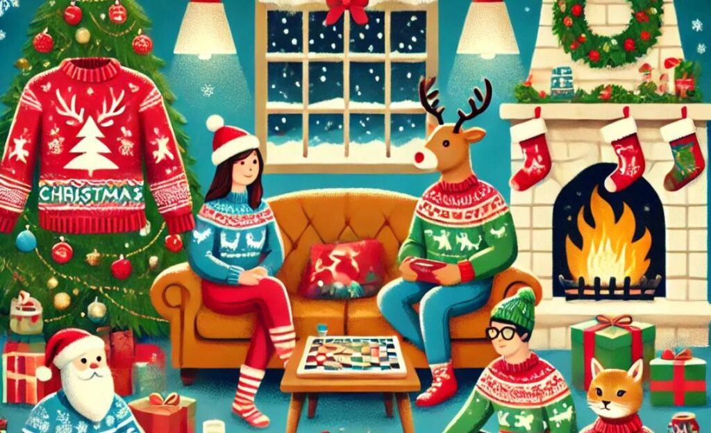 Family Playing Christmas Games in Cosy, Festive Setting.